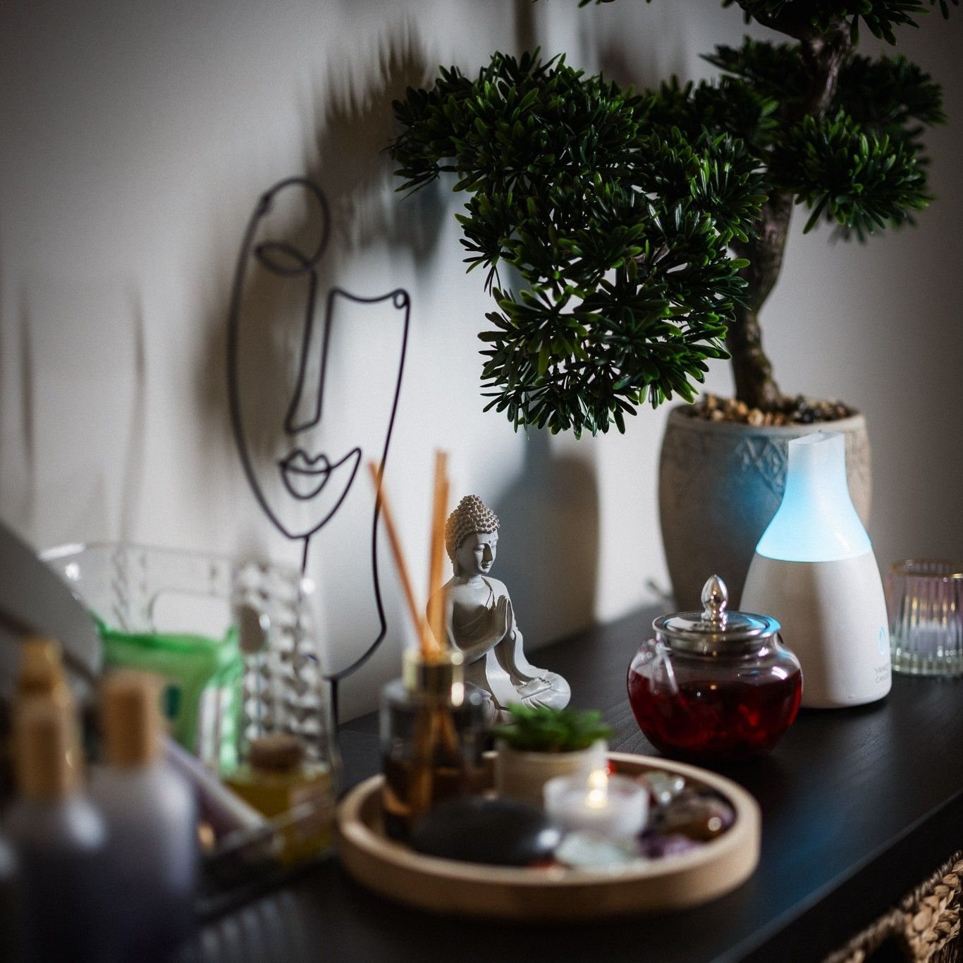 A corner of the studio: wire wall art, a bonsai and a glowing diffuser
